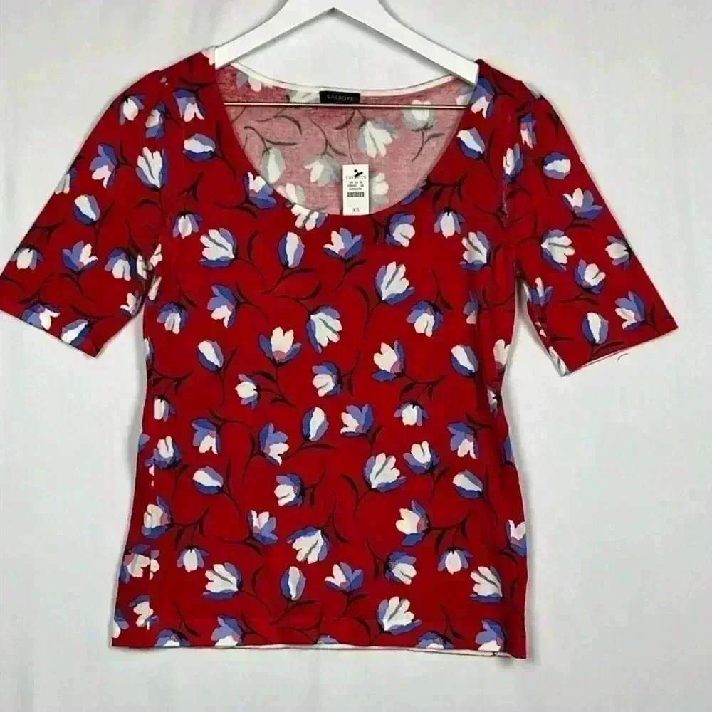 T by Talbots Womens Sweater Red/Blue XS Floral Lightweight Puff Sleeve Vibrant